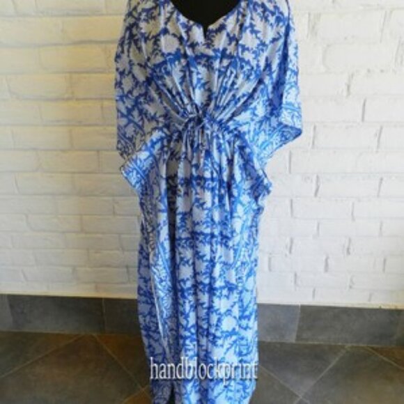 Handblock Print Co. Other - Women Blue & White Cotton Long Kaftan, Caftan Swimsuit Coverup. One size